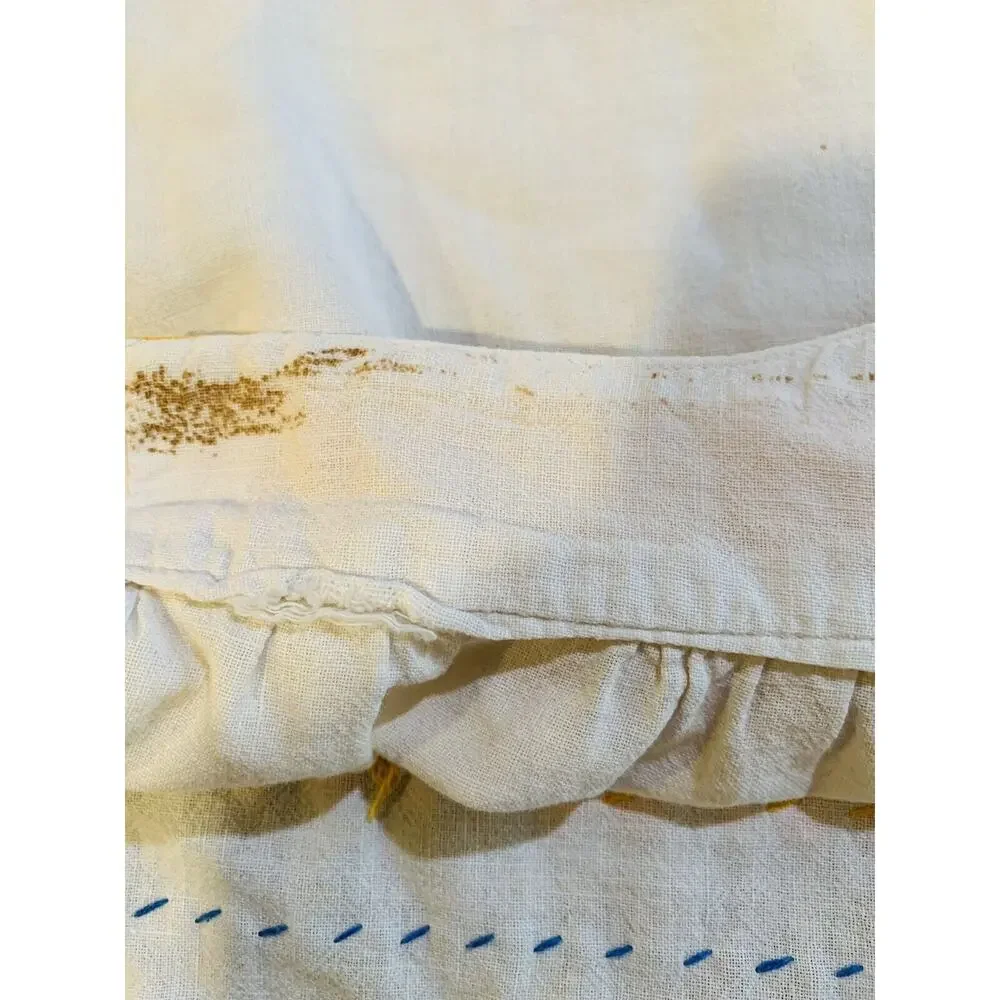 Vintage Apron Women White Yellow Waist Hand Embroidery Handmade Cotton Donkey